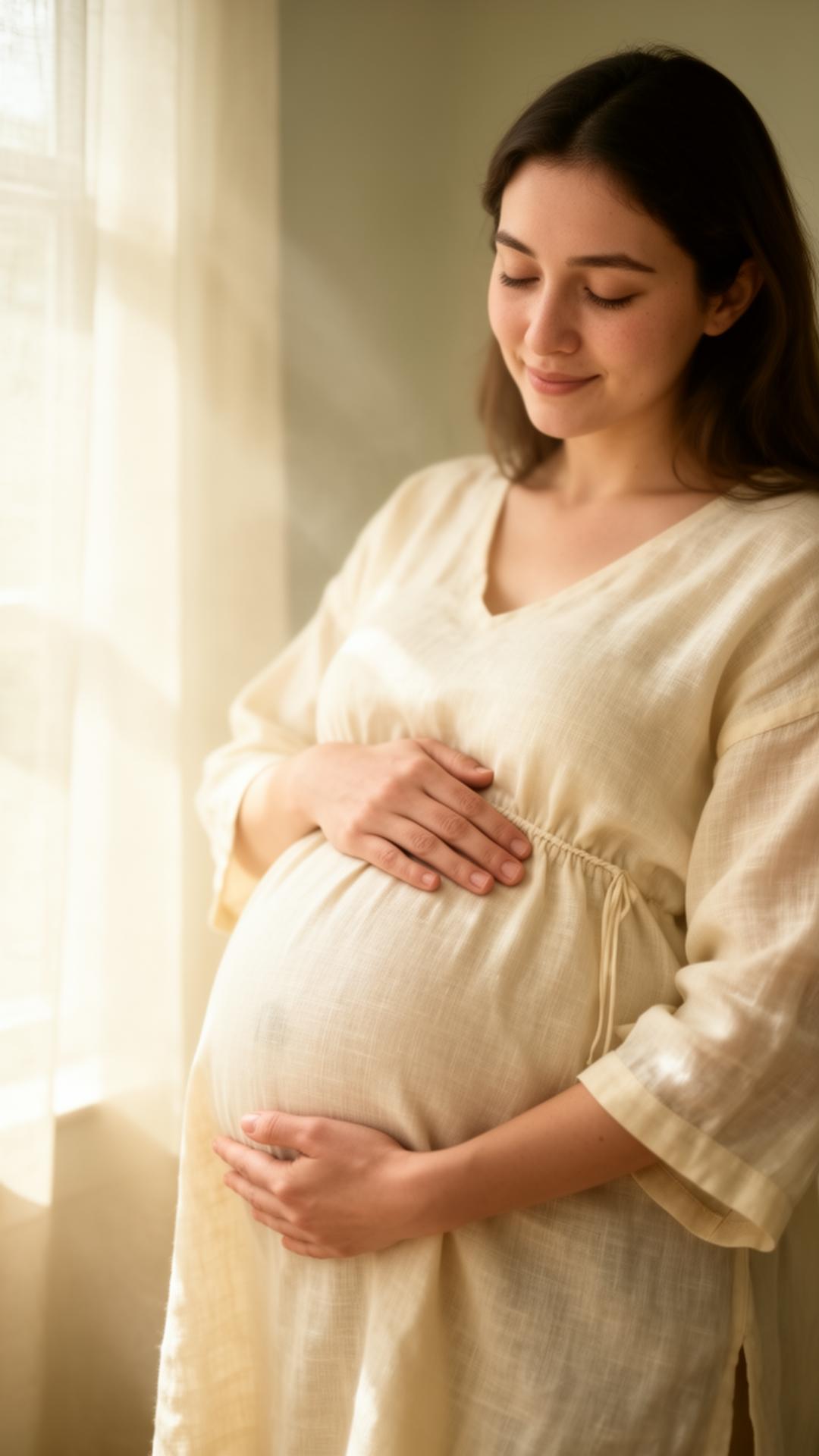 Pregnant woman cradling her belly in soft window light