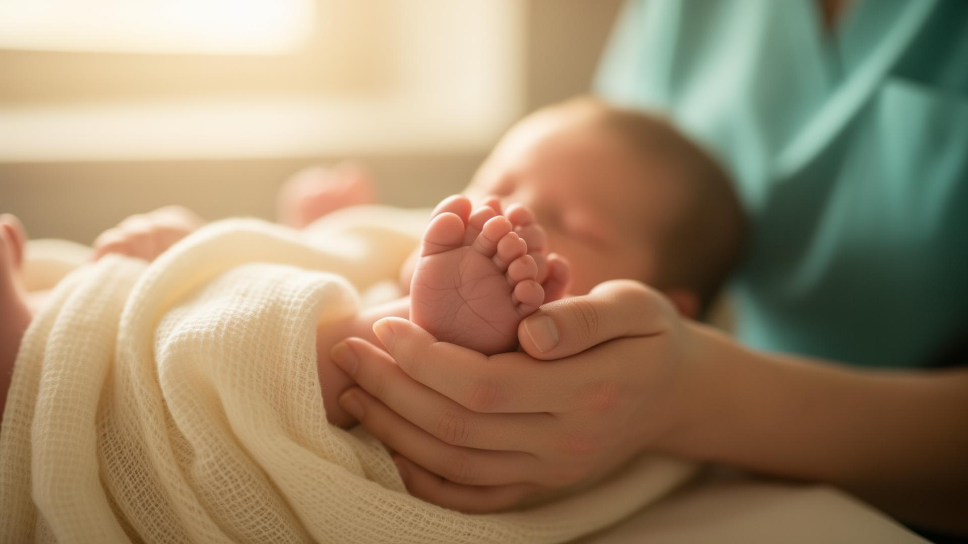 A midwife's gentle hands cradling a newborn baby's tiny feet wrapped in cream cloth